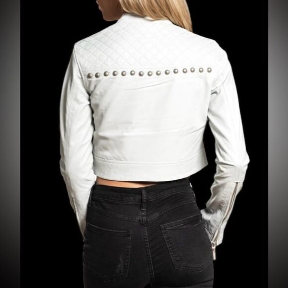 Affliction | Women’s Affliction White Leather jacket studded crop jacket NWT XL - Picture 4 of 13